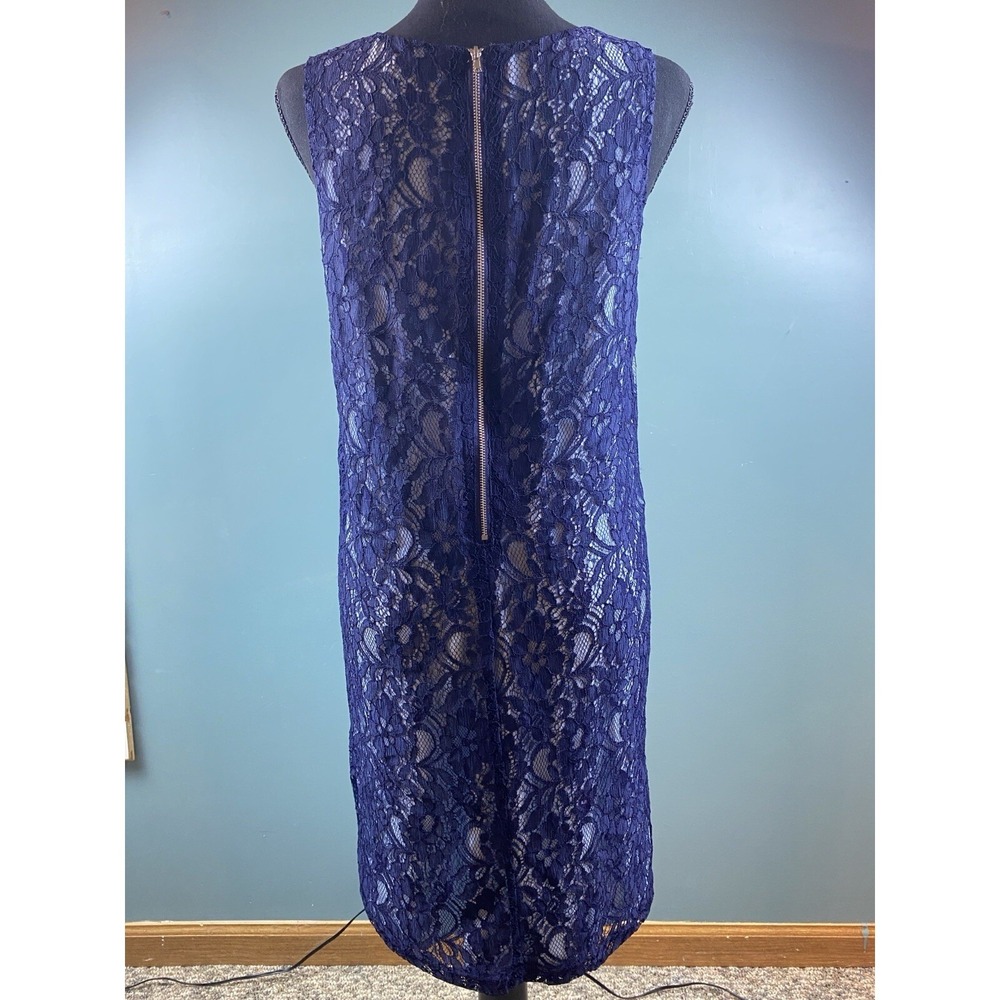 Navy‎ Blue Floral Lace Sleeveless Shift Dress Round Neck Midi Elegant Cocktail - Picture 10 of 16